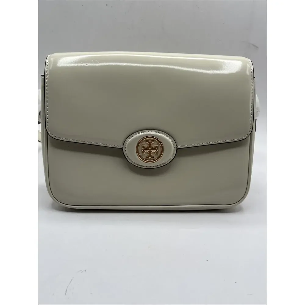 Tory Burch Robinson Spazzolato Convertible Top Handle Bag Patent Leather Ivory
